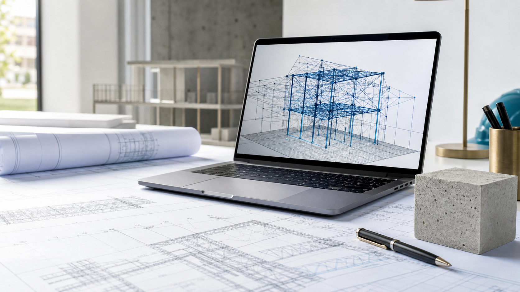 Planungstisch mit Bauplänen, Laptop und digitalem Tragwerksmodell